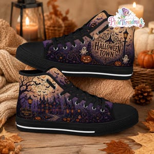 Purple Halloweentown High Top Canvas Shoes, Gothic Halloween Sneakers, Ghost Pumpkin Footwear, Spooky Fall Shoes, Witchy Gift
