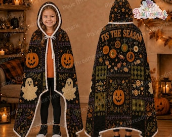 Halloween Hooded Blanket, Spooky Pumpkin Wearable Blanket, Gothic Patchwork Throw, Cozy Fall Gift, Halloween Gift