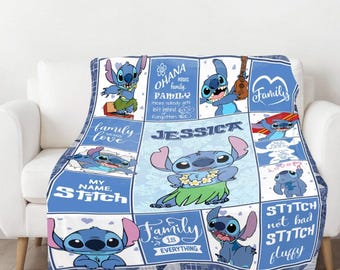 Custom Name Stitch Fleece Blanket, Stitch Ohana Blanket, Cute Stitch Blanket, Disneyland Stitch Blanket, Custom Throw Blanket for Sofa