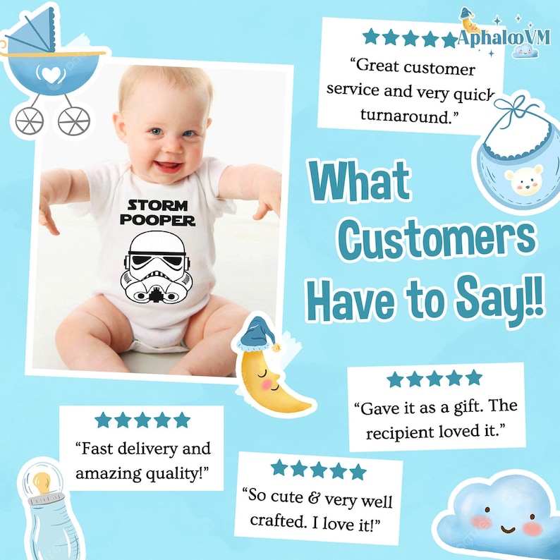 May include: A baby wearing a white onesie with the text "STORM POOPER" and a black and white Stormtrooper helmet graphic. The image includes customer reviews and cartoon illustrations.