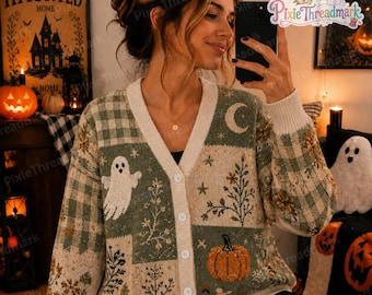 Ghost Pumpkin Halloween Knit Cardigan, Botanical Ghost Fall Sweater, Wildflower Moon Autumn Cardigan, Halloween Sweater, Spooky Season Gift