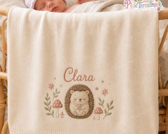Personalized Embroidered Hedgehog Mushroom Baby Blanket, Woodland Knit Nursery Keepsake Blanket
