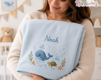 Personalized Embroidered Baby Blanket, Custom Name Ocean Animal Knit Blanket, Dolphin Octopus Boy Gift, Newborn Keepsake, Baby Shower Gift