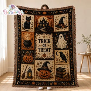 Trick or Treat Halloween Woven Blanket, Vintage Patchwork Halloween Throw Blanket, Ghost Pumpkin Witch Black Cat Gothic Fall Home Decor