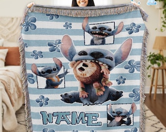 Personalized Stitch and Plush Woven Blanket, Disneyland Stitch Blanket, Stitch Birthday Gifts, Stitch Blanket For Kids, Custom Name Blanket