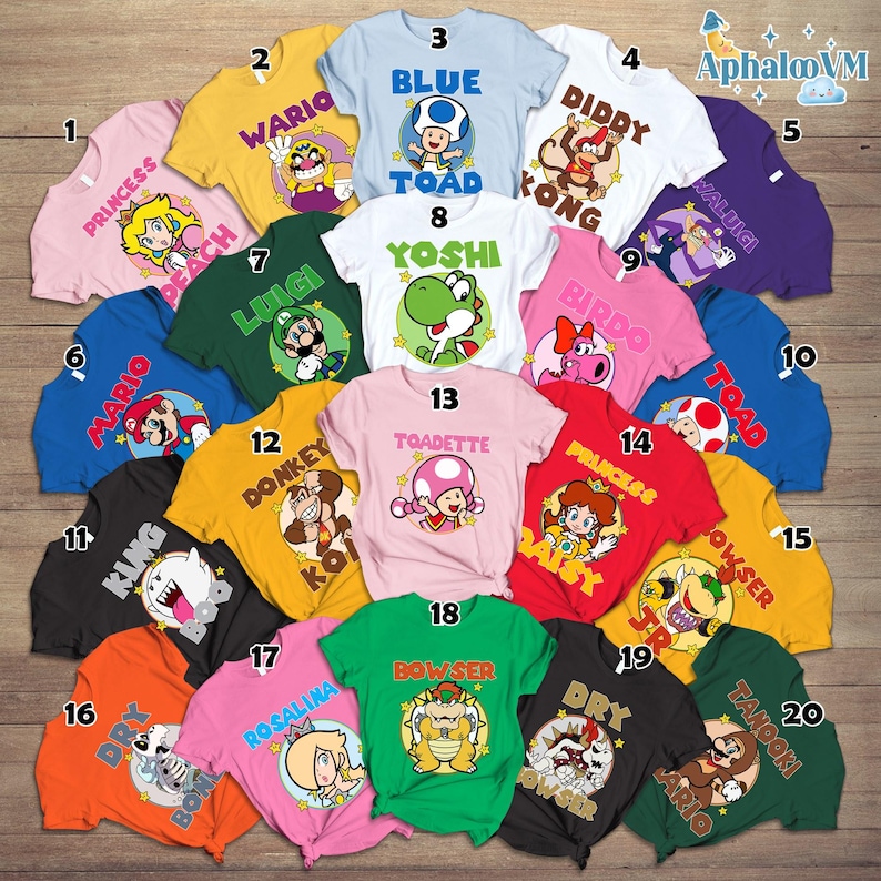 May include: A collection of twenty colorful t-shirts featuring various characters from the Super Mario video game series. Each shirt displays a different character's name and image, including Mario, Luigi, Peach, and Bowser. The shirts come in a variety of colors.