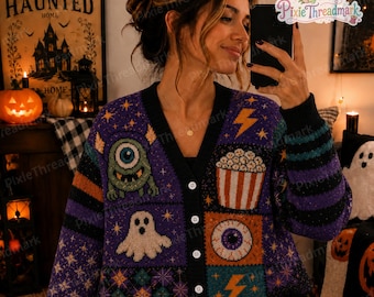 Retro Horror Halloween Knit Cardigan, Monster Movie TV Sweater, Ghost Popcorn Fall Cardigan, Spooky Movie Sweater, Halloween Horror Gift