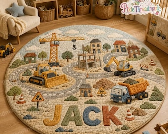 Tapis personnalisé sur le thème des chantiers, tapis enfant avec prénom, tapis bébé pelleteuse et camion-benne, tapis de sol pour chambre d'enfant sur le thème des chantiers, cadeau d'anniversaire