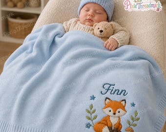 Manta personalizada de zorro para bebé, manta infantil con nombre personalizado y temática de bosque, regalo para baby shower de niña, decoración de cuna con animales del bosque.