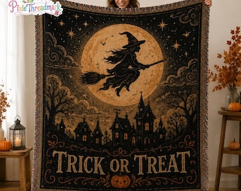 Trick Or Treat Witch Woven Blanket, Halloween Witch Throw Blanket, Vintage Gothic Halloween Home Decor, Cozy Fall Gift
