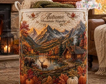 Panier « Majesté des montagnes d'automne », panier à linge matelassé d'automne, chalet, cerf, ours, lac, citrouilles, panier de rangement forestier