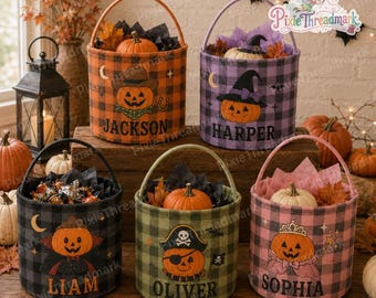 Panier à bonbons d'Halloween personnalisé en forme de citrouille, seau à bonbons personnalisé, sac à bonbons à carreaux Buffalo, panier d'Halloween pour enfants