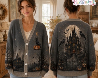 Halloween Cardigan 2026, Gothic Haunted Castle Sweater, Spooky Pumpkin Cat Cardigan, Gothic Witches Cardigan 2026, Gift for Her