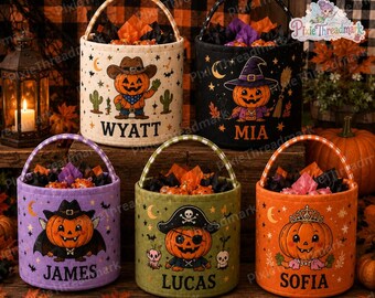 Custom Pumpkin Halloween Candy Bucket, Pumpkin Trick or Treat Candy Basket, Witch Vampire Pumpkin Kids Treat Bag, Kids Boo Candy Bucket