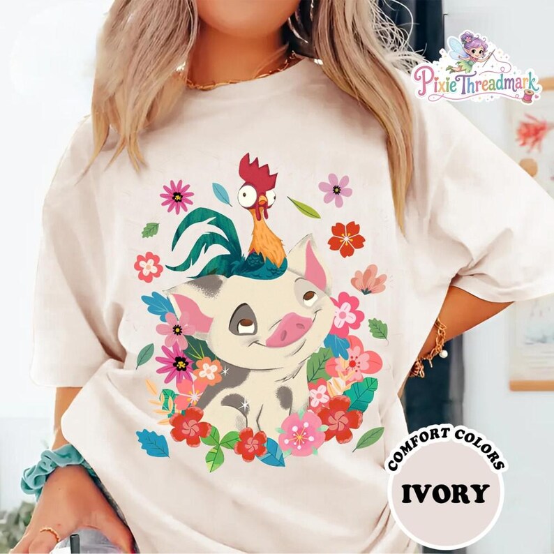 Camiseta de Disneyland Moana estilo años 70 con estampado floral de Pua y Hei Hei, camiseta de la película Moana de Comfort Colors, camiseta de Magic Kingdom, camiseta de la princesa Moana imagen 5