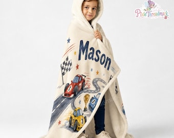 Personalized Race Car Wearable Hooded Blanket for Boys, Racing Throw Hoodie, Checkered Flag Kids Wearable Blanket, Car Lover Birthday Gift