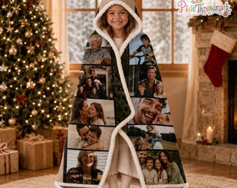 Manta con capucha y collage de fotos personalizado, manta con capucha y foto familiar personalizada, regalo de aniversario o Navidad, foto de recuerdo