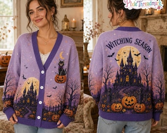 Halloween Cardigan 2026, Witching Season Sweater, Spooky Castle Pumpkin Print, Cat Moon Bats, Gift for Her