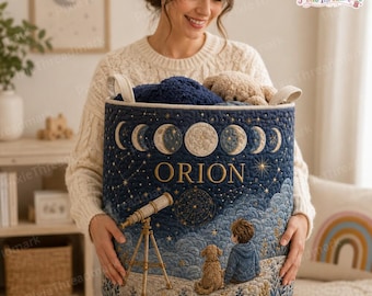 Custom Moon Phase Quilted Laundry Basket, Astronomy Baby Nursery Hamper, Toy Storage Bin, Telescope Celestial Kids Room Decor, Baby Gift