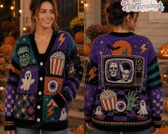Retro Horror Halloween Knit Cardigan, Monster Movie TV Sweater, Ghost Popcorn Fall Cardigan, Spooky Movie Sweater, Halloween Horror Gift