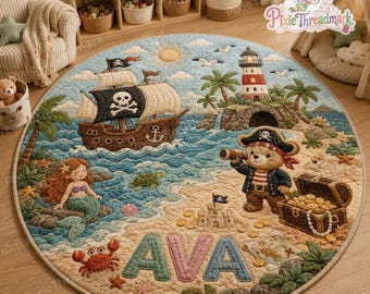 Tapis rond matelassé personnalisé sur le thème des pirates, tapis d'éveil pour enfants, tapis d'éveil pour nouveau-nés, tapis de sol pour chambre d'enfant sur le thème des pirates, décoration pour chambre d'enfant sur le thème des pirates