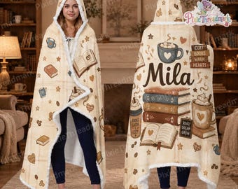 Coffee & Book Wearable Hooded Blanket, Personalized Book Lover Throw, Cozy Reading Blanket, Librarian Gift, Coffee Lover Gift