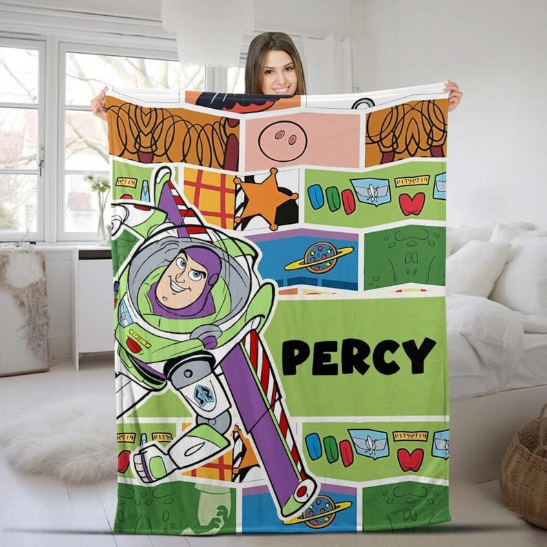 Custom Name Disneyland Buzz Lightyear Plush Fleece Blanket, Jessie Woody Toy Story Blanket for Bed Couch Sofa, Birthday Gift, Gift For Boy image 1
