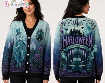 Haunted Mansion Cardigan, Foolish Mortals Spooky Wool Sweater, Hitchhiking Ghosts Knitwear, Madame Leota Autumn Aesthetic, Halloween Apparel