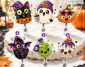 Personalized Halloween Acrylic Badge Reel, Custom Name Fall Id Holder, Spooky Season Work Gift, Bat Black Cat Pimpkin Halloween Gift