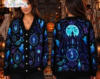 Gilet « Maison hantée », Pull en laine effrayant « Mortels insensés », Tricots « Fantômes auto-stoppeurs », Esthétique automnale Madame Leota, Vêtements d'Halloween