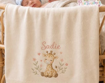 Personalized Baby Blanket with Name, Embroidered Giraffe Animal, Custom Animal with Flower Knit Blanket, Newborn Gift, Safari Nursery