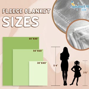 Puede incluir: Imagen que muestra los tama&ntilde;os de las mantas de forro polar: 152 cm x 203 cm, 127 cm x 152 cm y 76 cm x 101 cm. El texto "FLEECE BLANKET SIZES" se muestra en la parte superior. Una mujer y un ni&ntilde;o est&aacute;n silueteados para proporcionar una referencia de tama&ntilde;o. El logotipo "AphaloVM" est&aacute; en la esquina superior derecha.