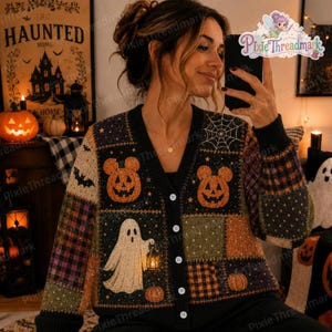 Cardigan lavorato a maglia a forma di zucca fantasma per Halloween, cardigan di Halloween di Mickey Mnnie, maglione autunnale a quadri patchwork, maglione retrò spettrale in stile cottagecore