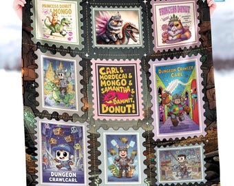 Dungeon Crawler Carl Blanket, Dungeon Crawler Princess Donut And Mongo, Book Stamps Style Blanket, Gift for Gamer