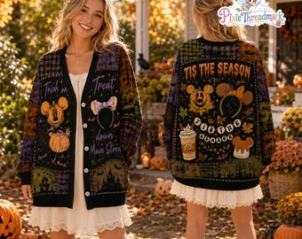 Tis The Season Mouse Ear Halloween Cardigan, Spooky Pumpkin Sweater, Theme Park Drinks Fall Outfit, Trick or Treat Cardigan