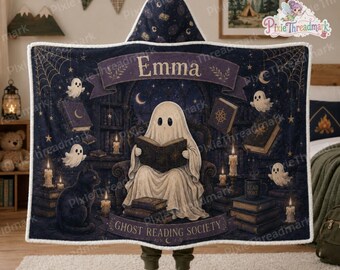 Personalized Ghost Reading Hooded Blanket, Bookish Wearable Blanket, Cozy Library Throw, Reader Gift, Ghost Lover Blanket
