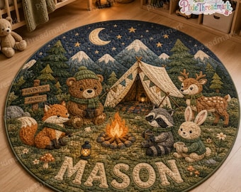Personalized Woodland Camping Quilted Round Rug, Kids Play Mat, Forest Animals Baby Play Mat, Camping Nursery Floor Mat