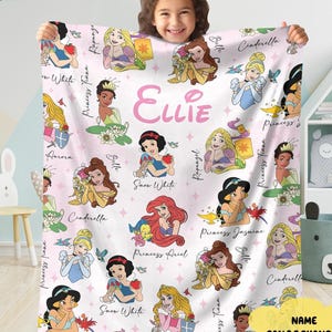 Custom Disneyland Princess Blanket, Princess Blanket Gift for Her, Cinderella Snow White Belle Jasmine Ariel Princess, Birthday Girl Blanket image 2