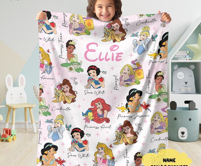 Custom Disneyland Princess Blanket, Princess Blanket Gift for Her, Cinderella Snow White Belle Jasmine Ariel Princess, Birthday Girl Blanket image 2