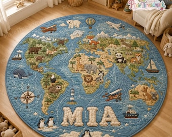 Custom Animal World Map Quilted Play Rug, Baby Play Rug, Educational Kids Geography Mat, Nursery Learning Floor Rug, Baby Shower Gift