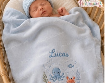Personalized Ocean Animal Baby Blanket, Custom Embroidered Baby Name Blanket, Whale Dolphin Turtle Octopus Nursery Blanket, Baby Shower Gift