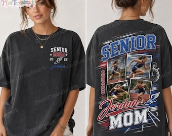 Gepersonaliseerd T-shirt voor atletiekmoeders met twee kanten, T-shirt met foto van de hardloper in comfortabele kleuren, T-shirt voor de grootste fan, Cadeau voor de senioravond