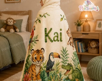 Safari Animal Hooded Blanket for Kids, Custom Name Safari Animal Throw Hoodie, Tropical Nursery Blanket Hoodie, Cozy Throw Gift for Kids