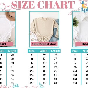 The image is a size chart that provides measurements for three different types of clothing: a t-shirt, an adult sweatshirt, and a hoodie. The chart lists the sizes in inches and provides corresponding measurements in centimeters.