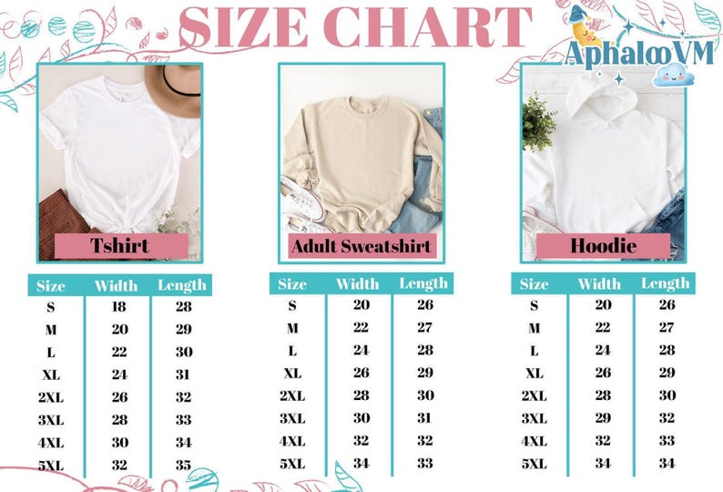 The image is a size chart that provides measurements for three different types of clothing: a t-shirt, an adult sweatshirt, and a hoodie. The chart lists the sizes in inches and provides corresponding measurements in centimeters.