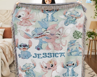 Personalized Stitch and Angel Watercolor Woven Blanket, Disneyland Blanket, Birthday Gifts, Gifts for Kids, Disneyland Watercolor Blanket