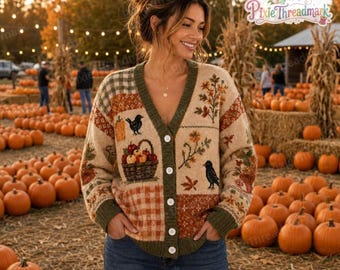 Pumpkin Harvest Fall Knit Cardigan, Crow Autumn Cottagecore Sweater, Apple Basket Pumpkin Cardigan, Vintage Botanical Fall Sweater
