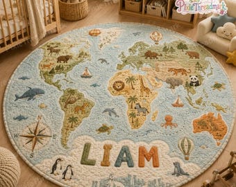 Personalized World Explorer Quilted Play Mat, Kids Quilted Play Rug, Animal World Map Baby Rug, Educational Geography Nursery Floor Mat