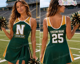 Op maat gemaakte cheerleadingjurk, gepersonaliseerde cheerleaderoutfit, cheerleadingshirt met naam en nummer, schoolteamkostuum, cadeau voor het cheerleadingteam