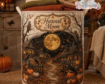 Panier à linge « Lune des récoltes », panier à linge matelassé Halloween, village hanté, pleine lune, panier à linge citrouilles, arbres dénudés, panier de rangement gothique